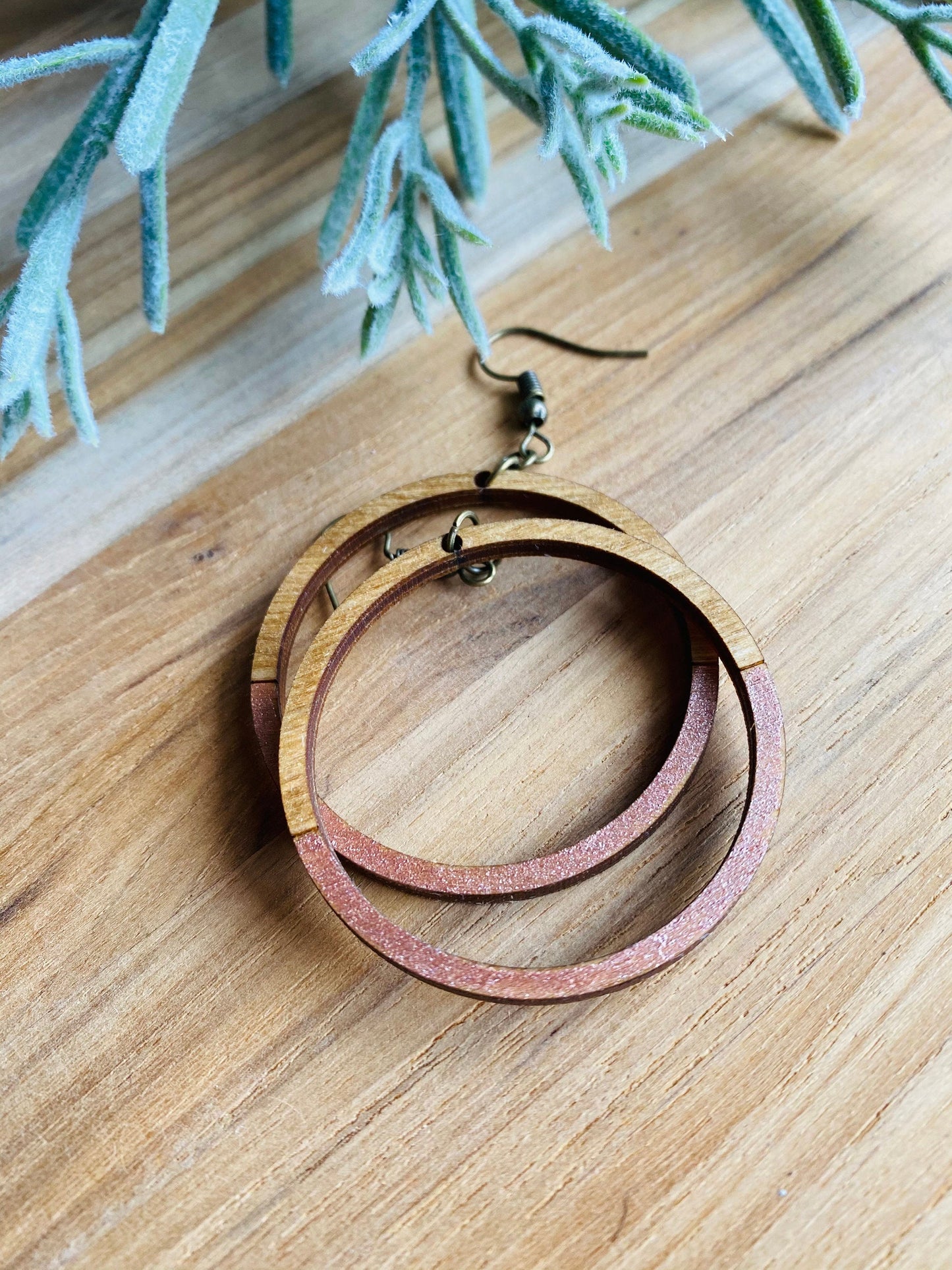 Wood Circle Color Block Dangle Earrings